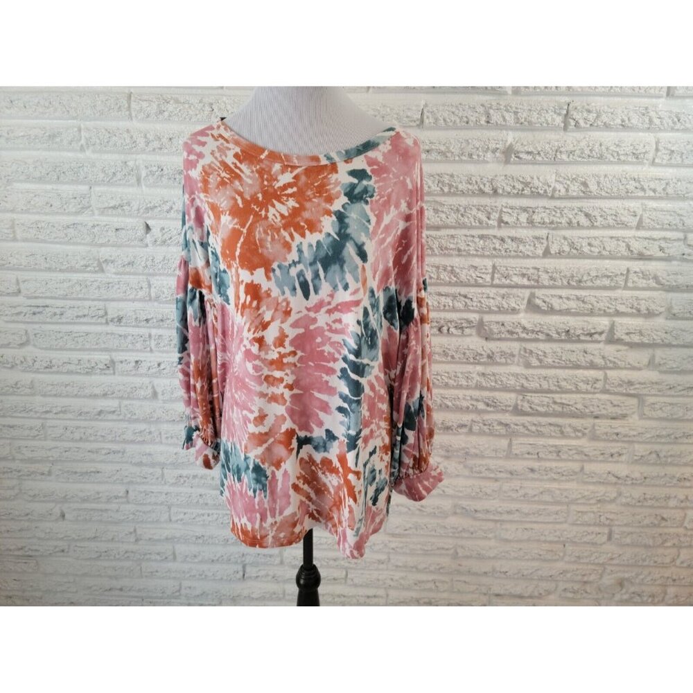 Oddy Women's 3XL Brown Watercolor Tunic Blouse 3/4 Puff Sleeve Stretch WAT112E